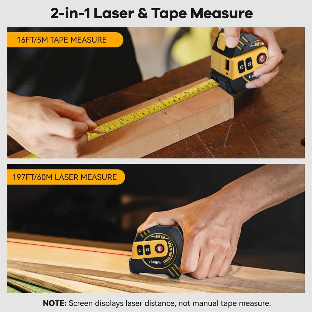 2-in-1 Laser Tape Measure, 197Ft Laser & 16Ft Tape (M/in/Ft Unit)