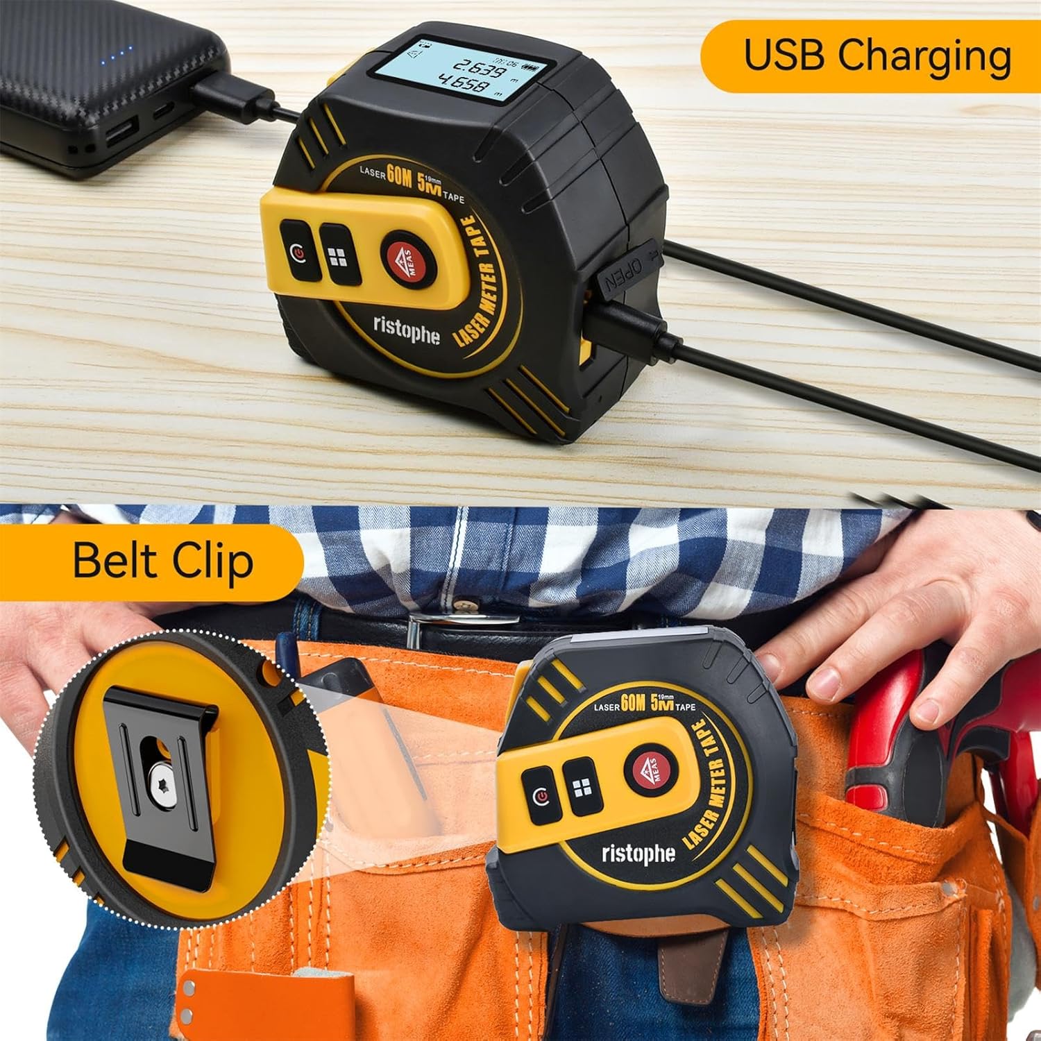 2-in-1 Laser Tape Measure, 197Ft Laser & 16Ft Tape (M/in/Ft Unit)